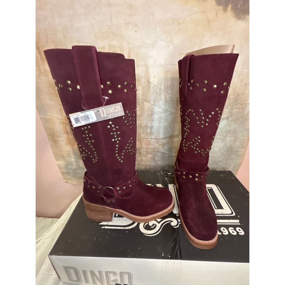 Dingo Troubadour Women's Burgundy Suede Studded Tall Western Boot Round Toe 9.5M - Picture 8 of 16
